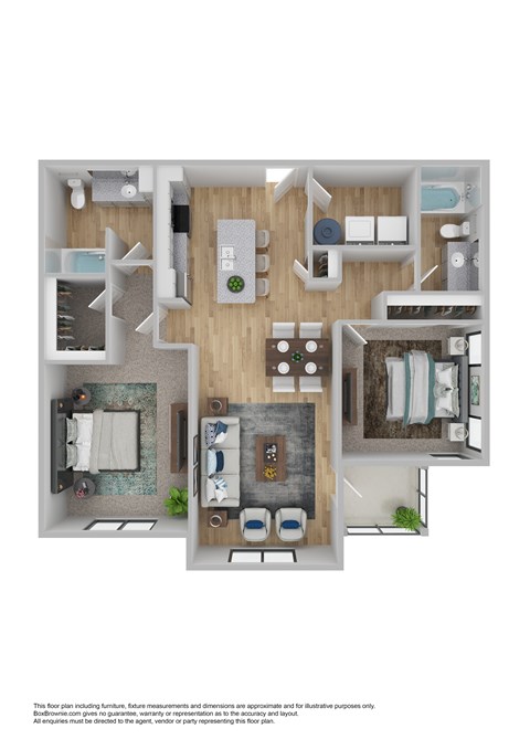 A floor plan of a furnished apartment with a kitchen, living room, and two bedrooms.